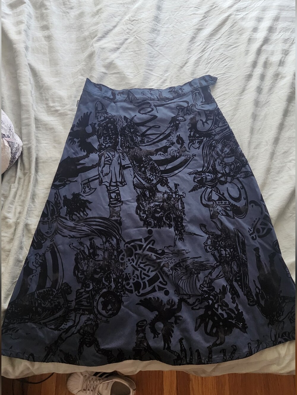 Moschino Navy Blue A-Line Skirt with Black Viking Graphic Print